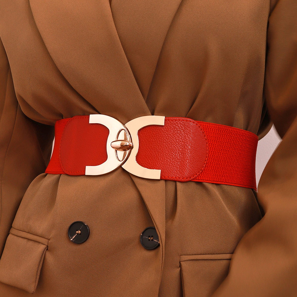 Classic Red Wide Faux Leather Lock Clasp Buckle Belt